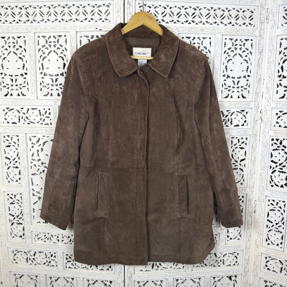 Vtg Cherokee Chocolate Brown Suede‎ Leather Jacket Sz 16W Boho 90's Hippie